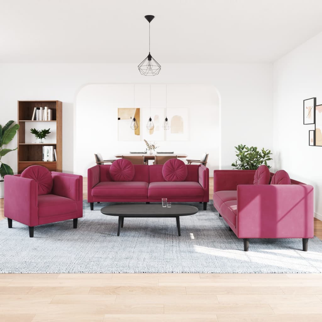 Ensemble de canapés 3 pcs avec coussins rouge bordeaux velours - XIOS