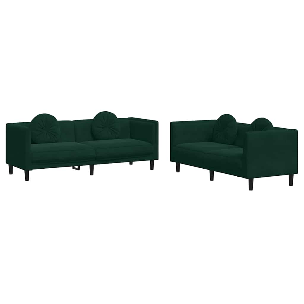 Ensemble de canapés 2 pcs avec coussins vert foncé velours