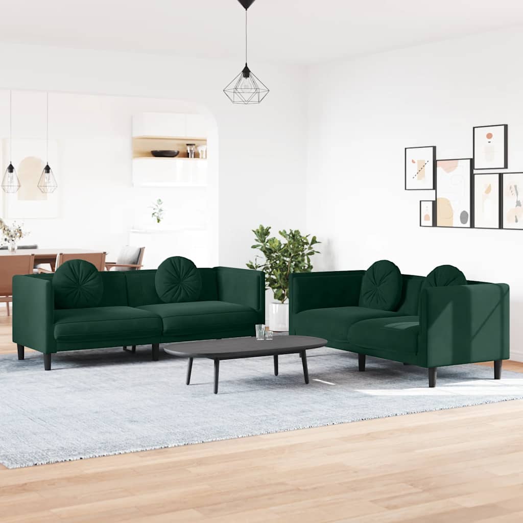 Ensemble de canapés 2 pcs avec coussins vert foncé velours
