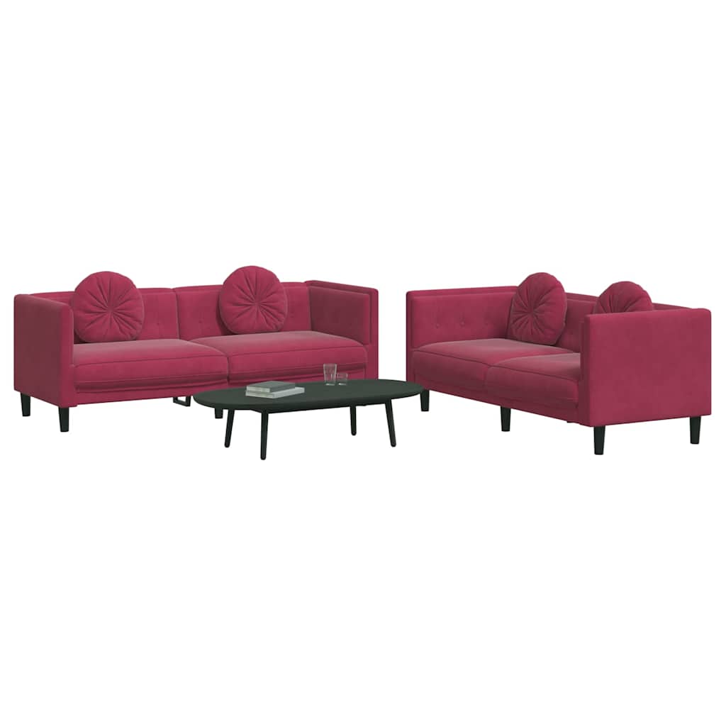 Ensemble de canapés 2 pcs avec coussins rouge bordeaux velours