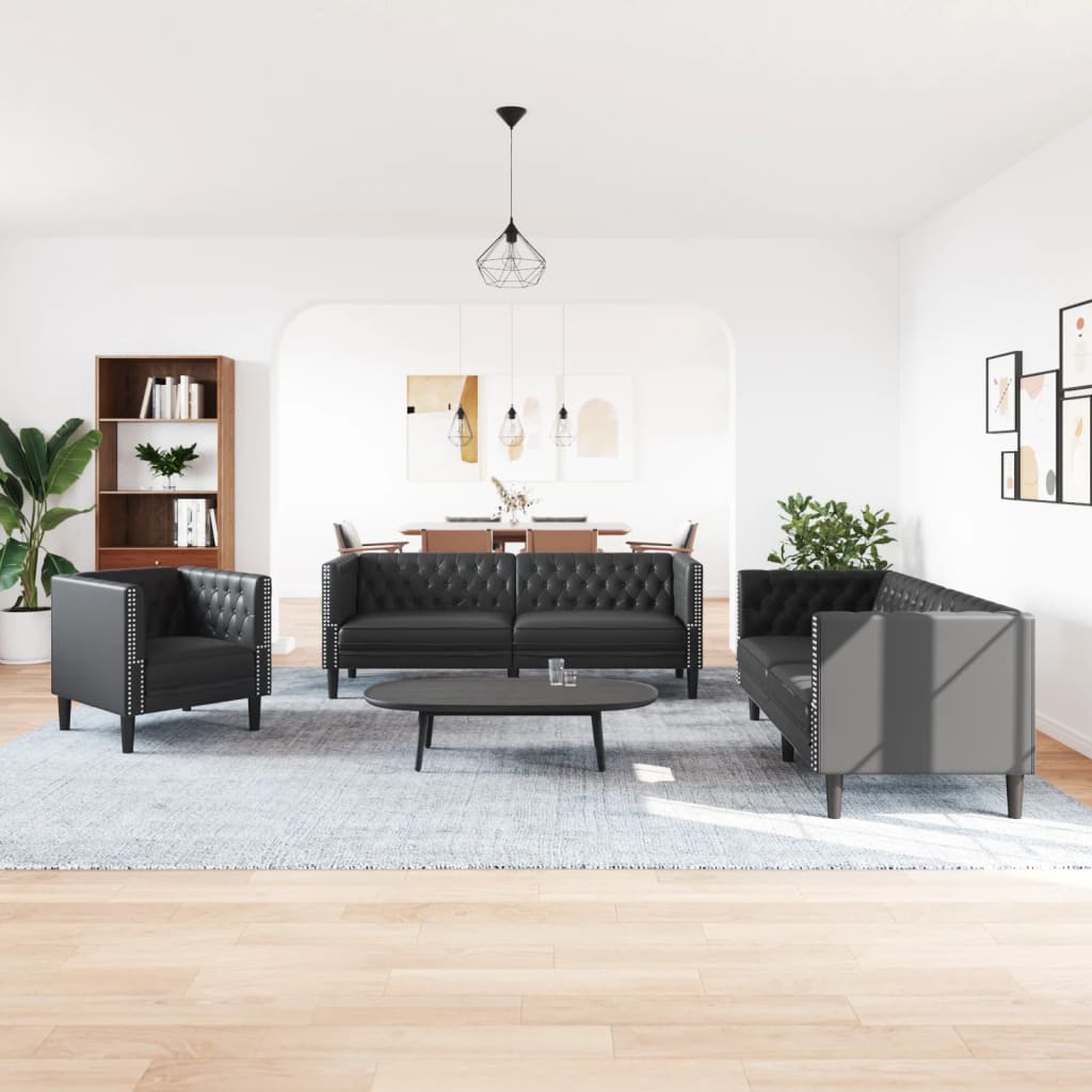 Ensemble de canapé Chesterfield 3 pcs noir similicuir