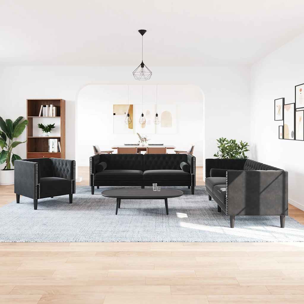 Ensemble de canapé Chesterfield et traversins 3pcs noir velours