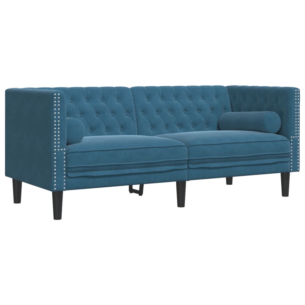 Ensemble de canapé Chesterfield et traversins 3pcs bleu velours - XIOS