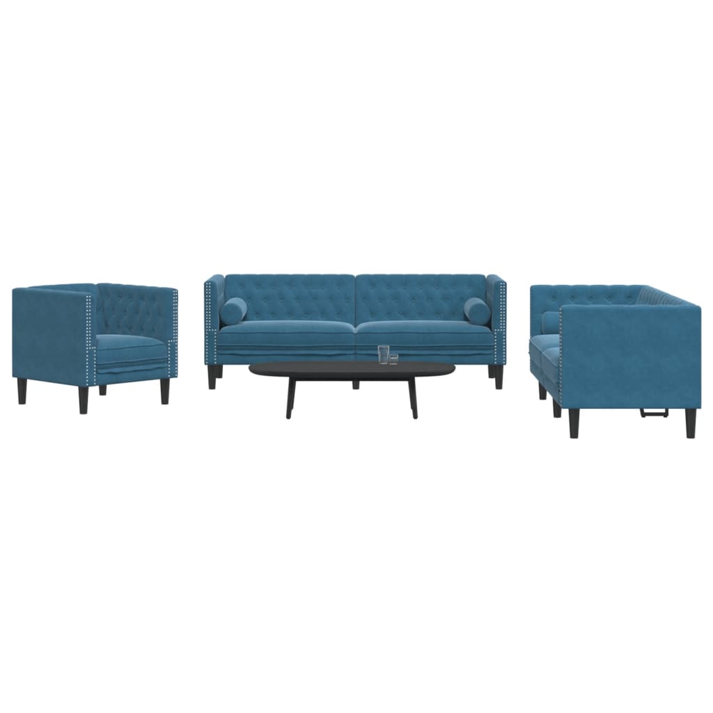 Ensemble de canapé Chesterfield et traversins 3pcs bleu velours - XIOS