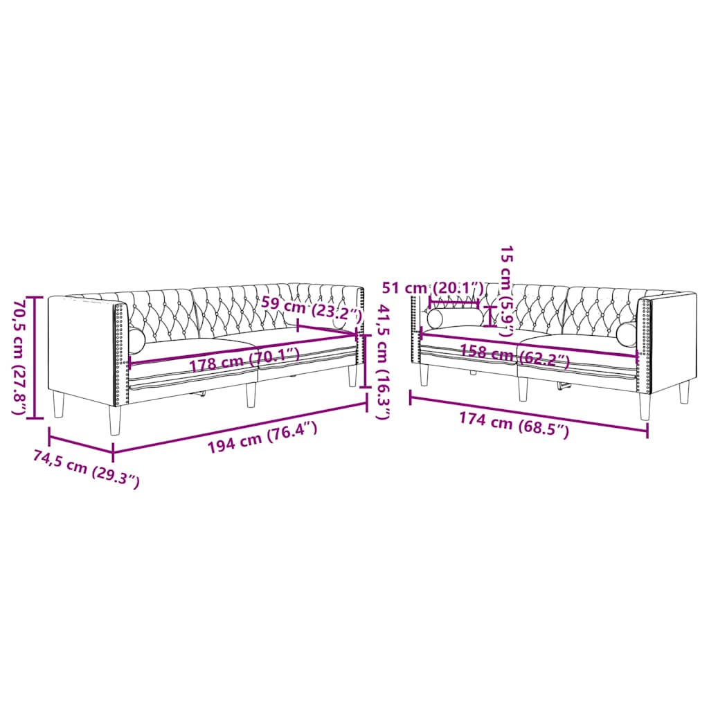 Ensemble de canapé Chesterfield et traversins 2pcs noir velours