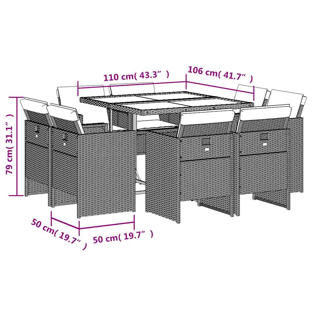 Ensemble à manger de jardin et coussins 9 pcs gris clair rotin