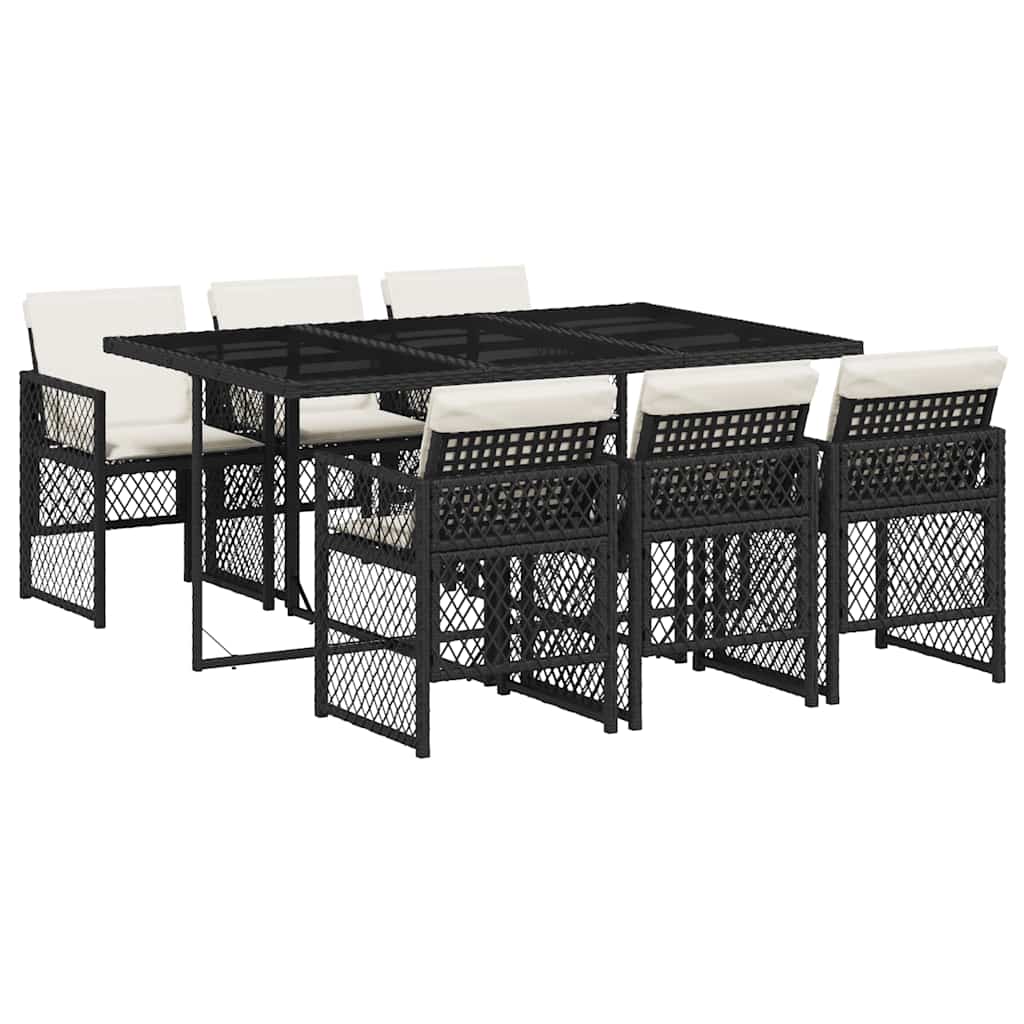 Ensemble à manger de jardin coussins 7 pcs noir résine tressée