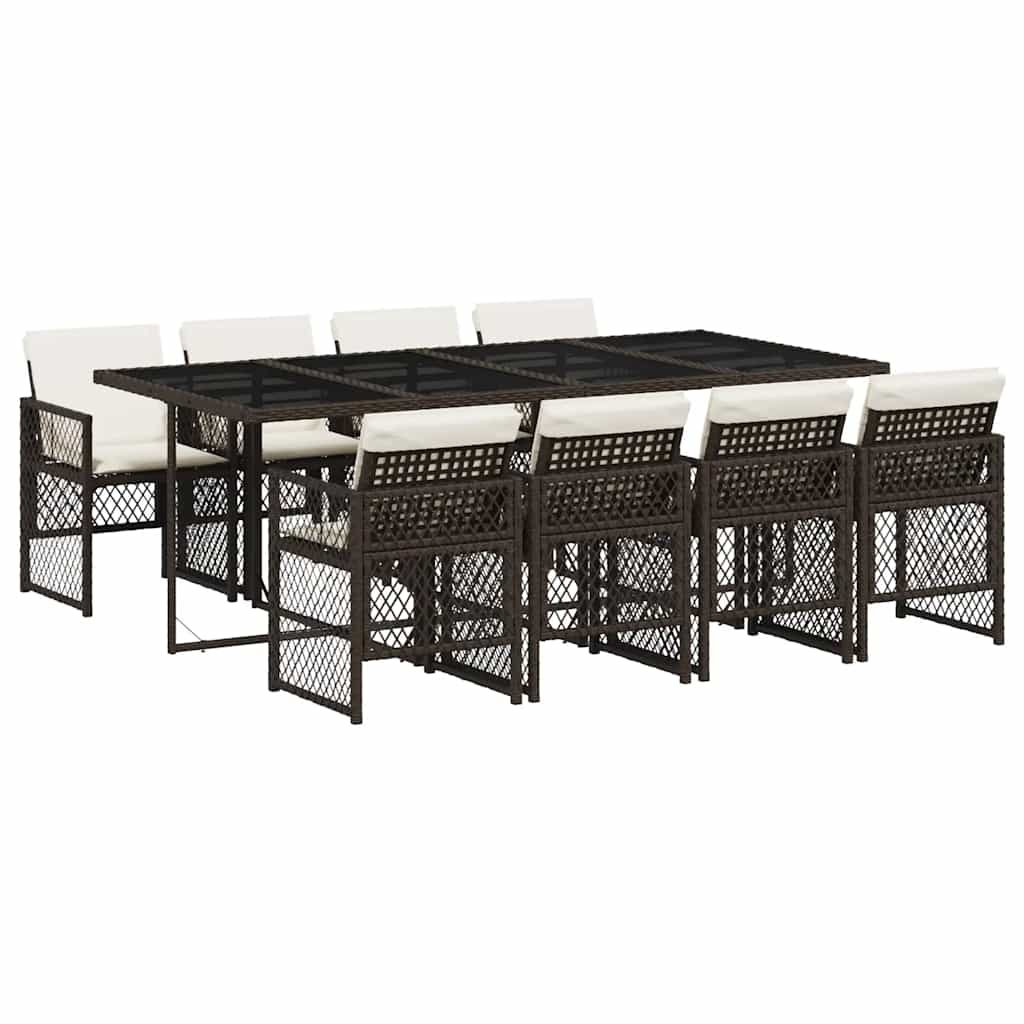 Ensemble à manger de jardin et coussins 9 pcs marron poly rotin