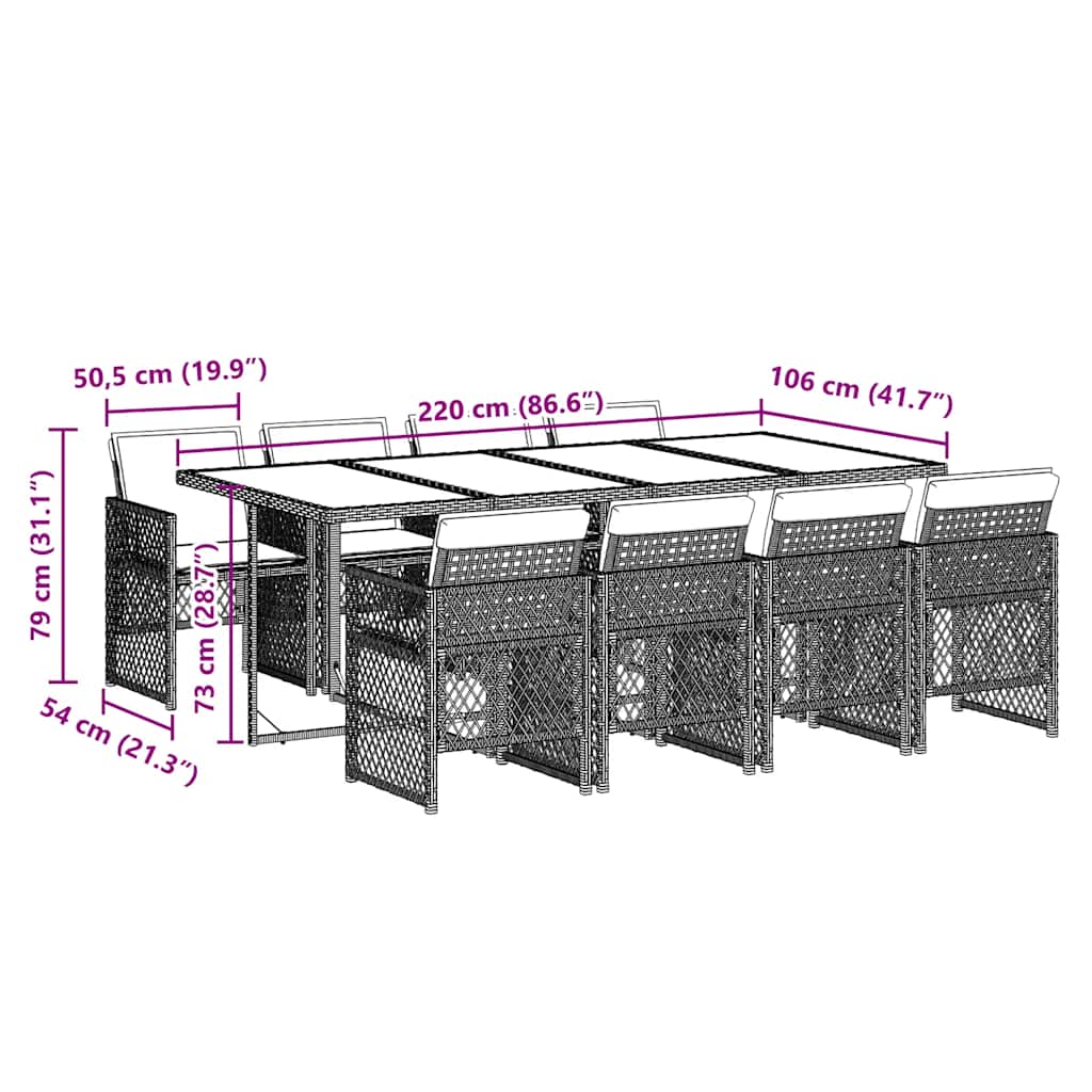 Ensemble à manger de jardin et coussins 9 pcs gris clair rotin
