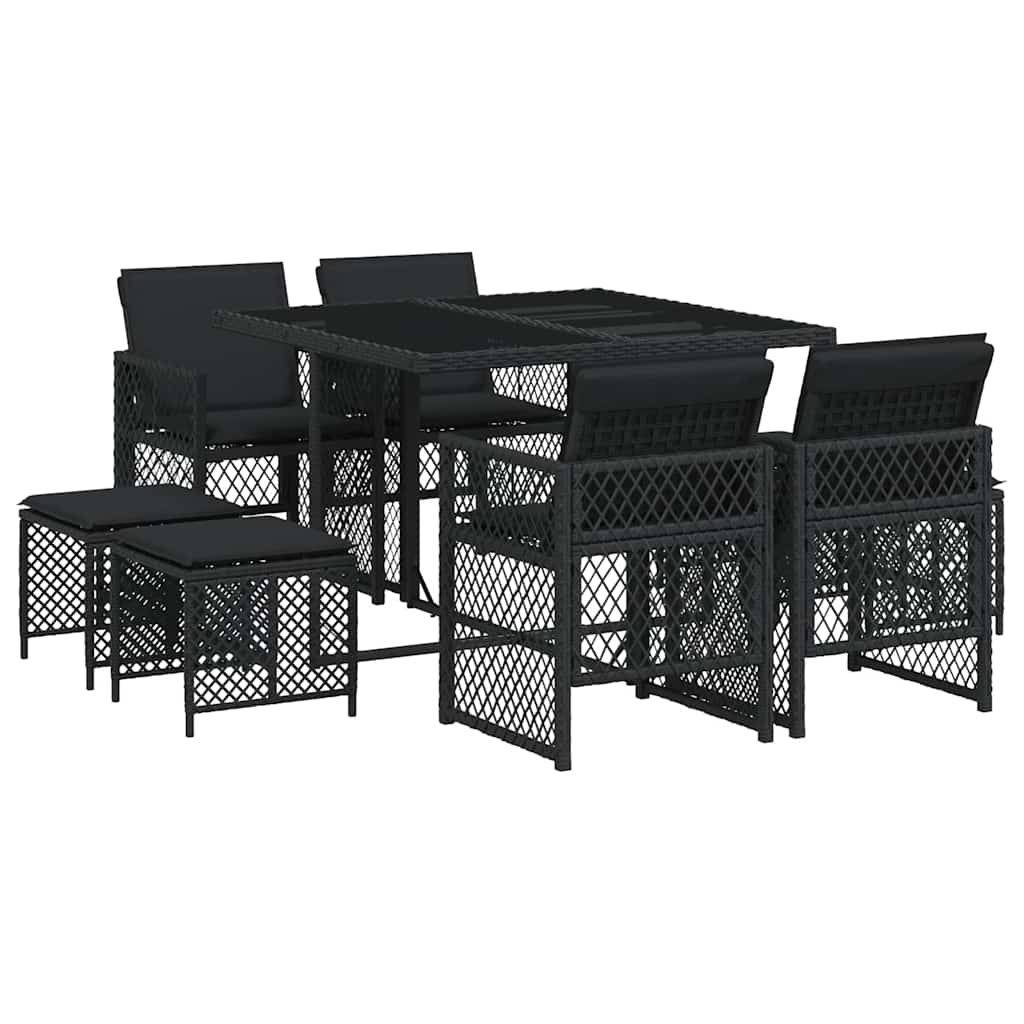 Ensemble à manger de jardin 9pcs coussins noir résine tressée