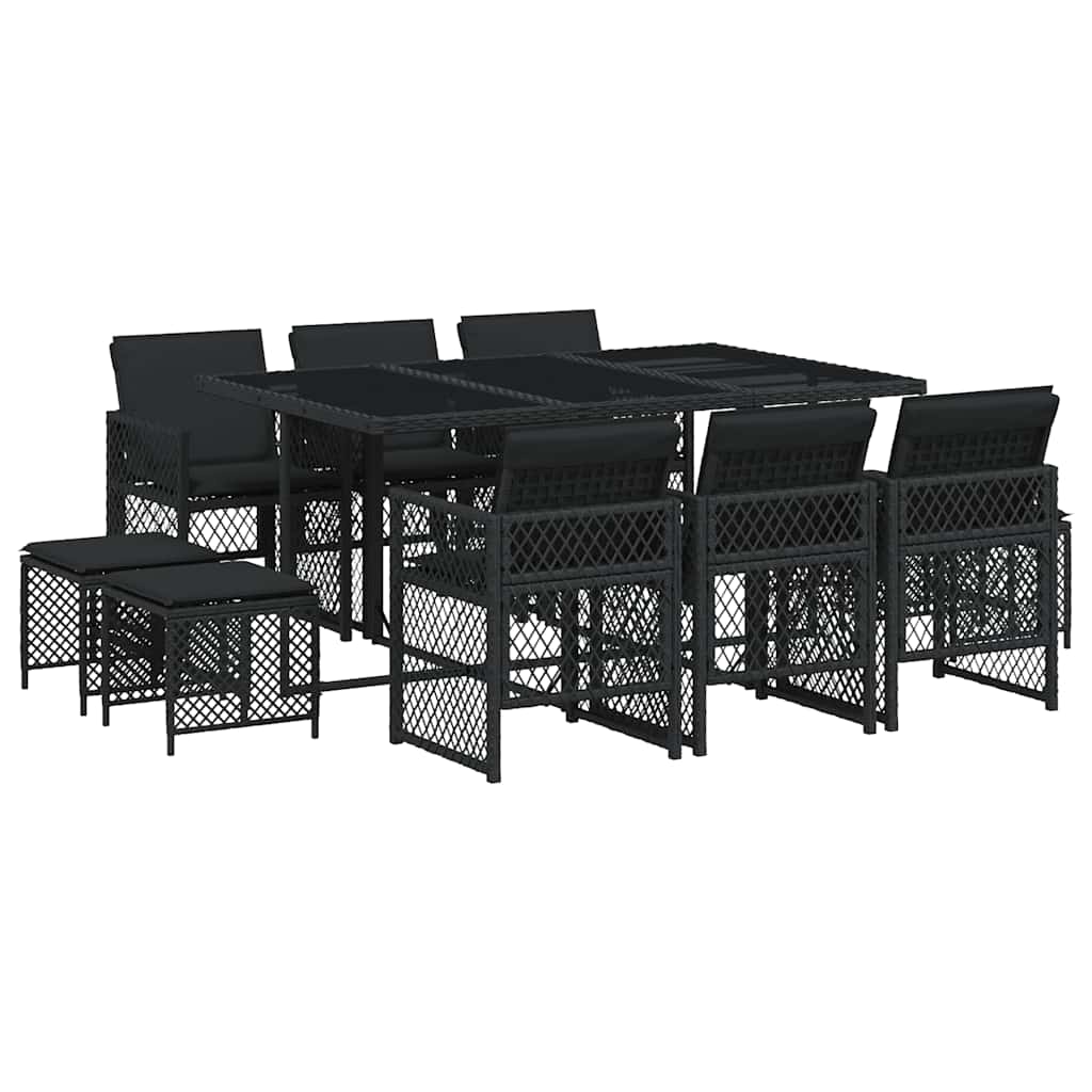 Ensemble à manger de jardin 11 pcs coussins noir résine tressée