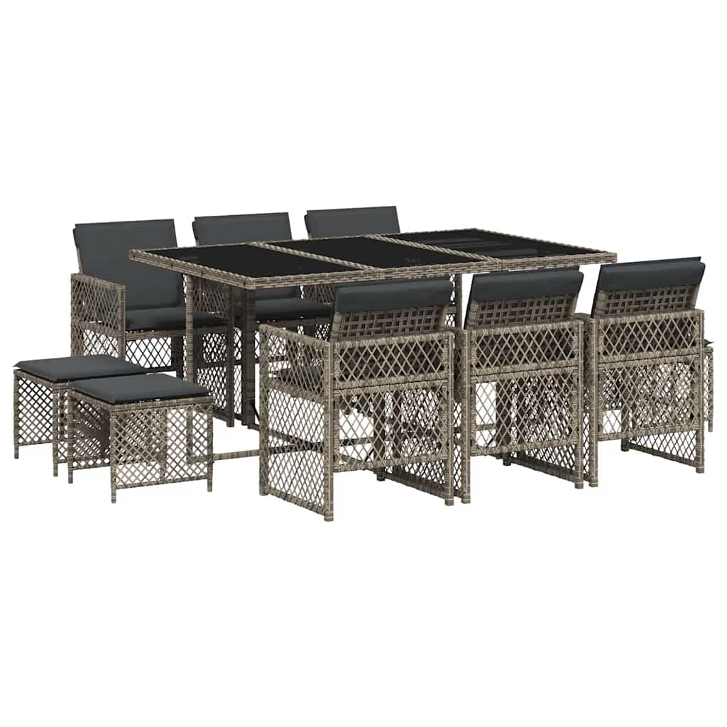Ensemble à manger de jardin 11pcs avec coussins gris poly rotin