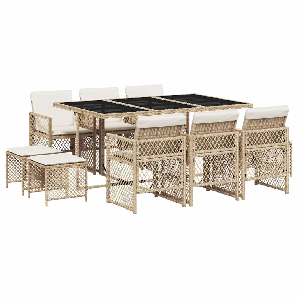 Ensemble à manger de jardin et coussins 11 pcs beige poly rotin