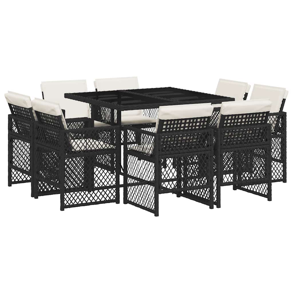 Ensemble à manger de jardin 9pcs coussins noir résine tressée