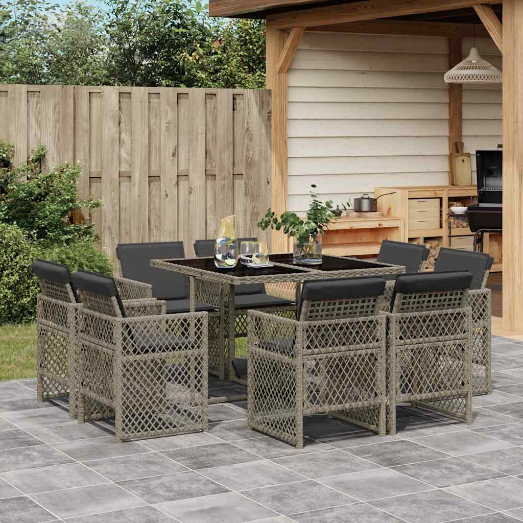 Ensemble à manger de jardin 9 pcs coussins gris résine tressée