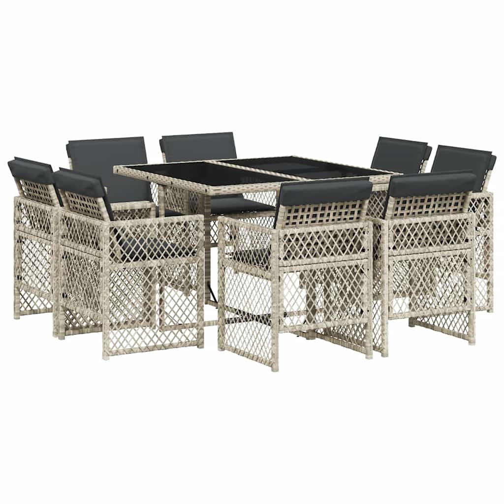 Ensemble à manger de jardin et coussins 9 pcs gris clair rotin