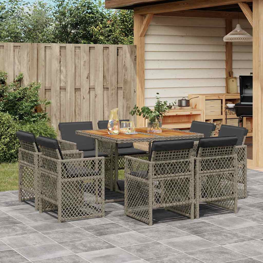 Ensemble à manger de jardin 9 pcs coussins gris résine tressée