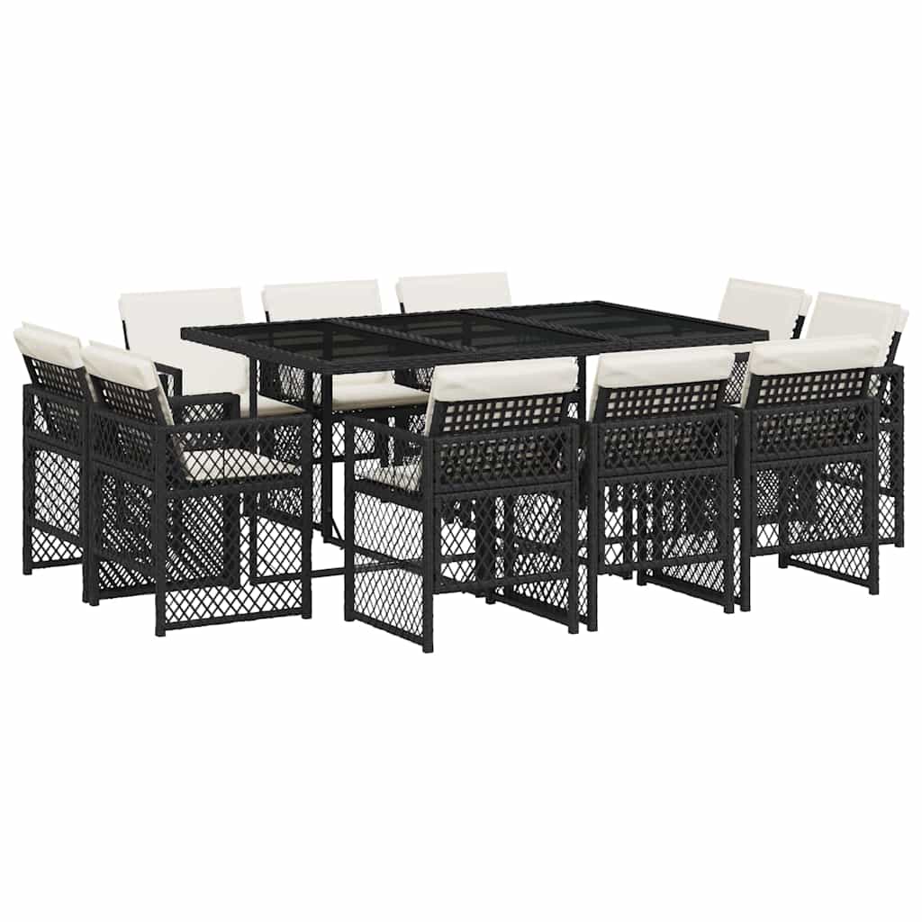 Ensemble à manger de jardin 11 pcs coussins noir résine tressée