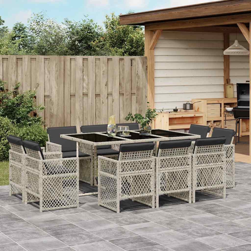 Ensemble à manger de jardin 11pcs avec coussins gris poly rotin - XIOS
