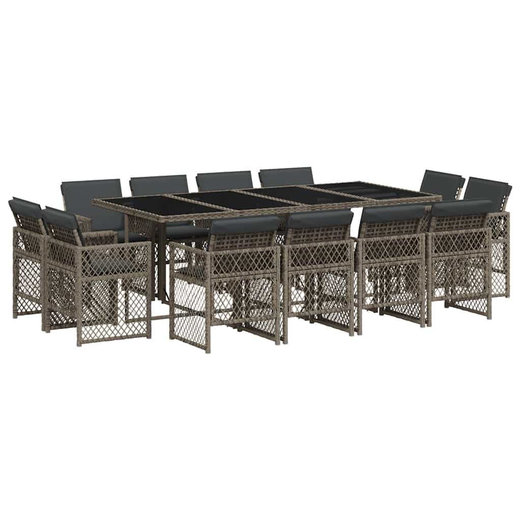 Ensemble à manger de jardin coussins 13 pcs gris résine tressée