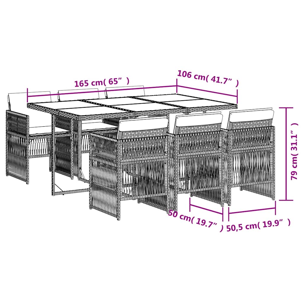 Ensemble à manger de jardin et coussins 7 pcs gris rotin