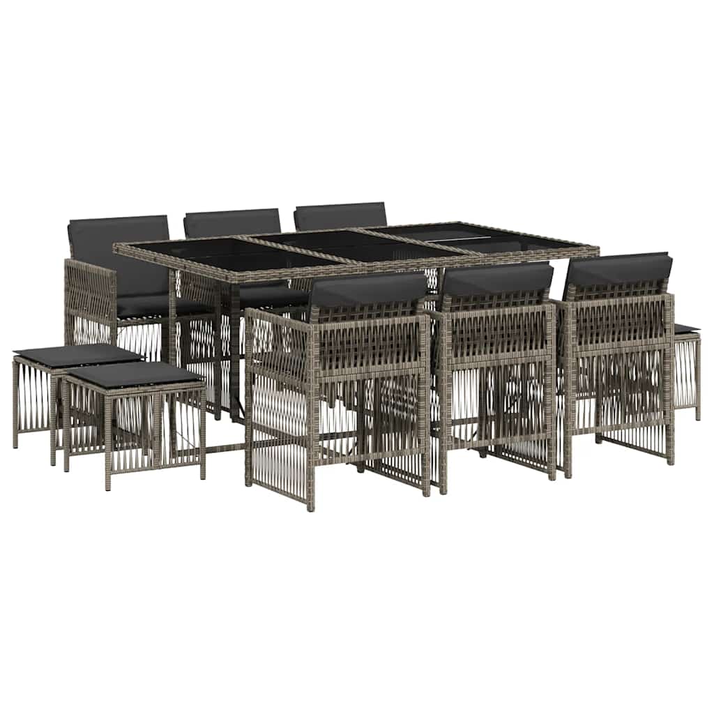 Ensemble à manger de jardin 11pcs avec coussins gris poly rotin