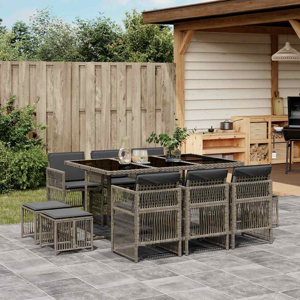 Ensemble à manger de jardin 11pcs avec coussins gris poly rotin