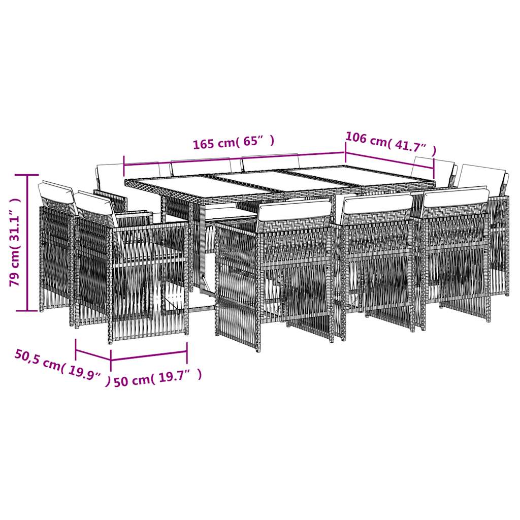 Ensemble à manger de jardin 11pcs avec coussins gris poly rotin
