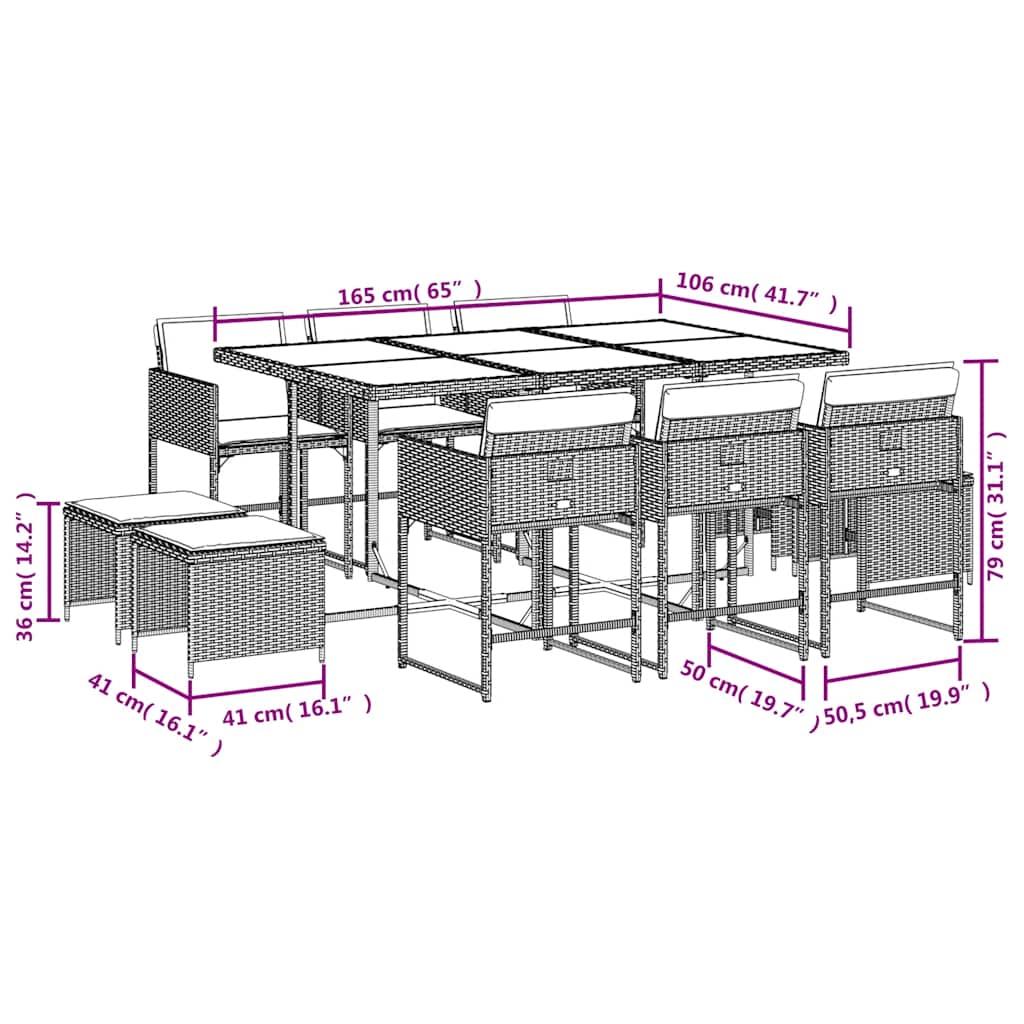 Ensemble à manger de jardin 11 pcs coussins noir résine tressée