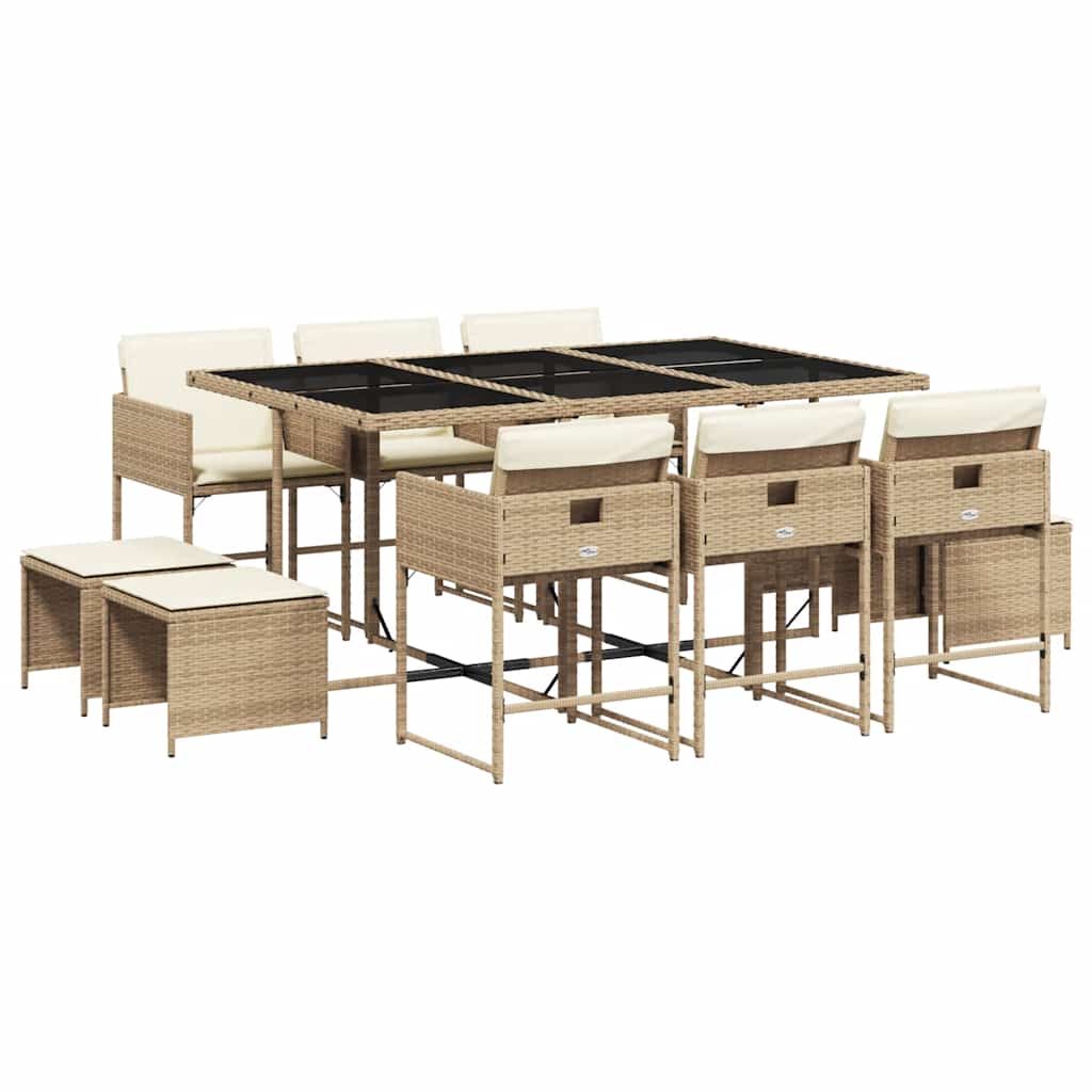 Ensemble à manger de jardin et coussins 11 pcs beige poly rotin