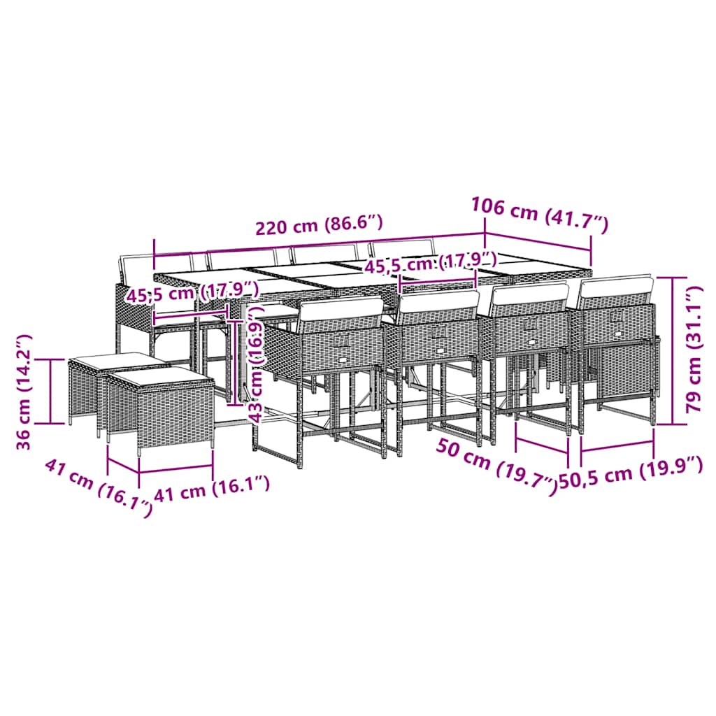 Ensemble à manger de jardin coussins 13 pcs gris résine tressée