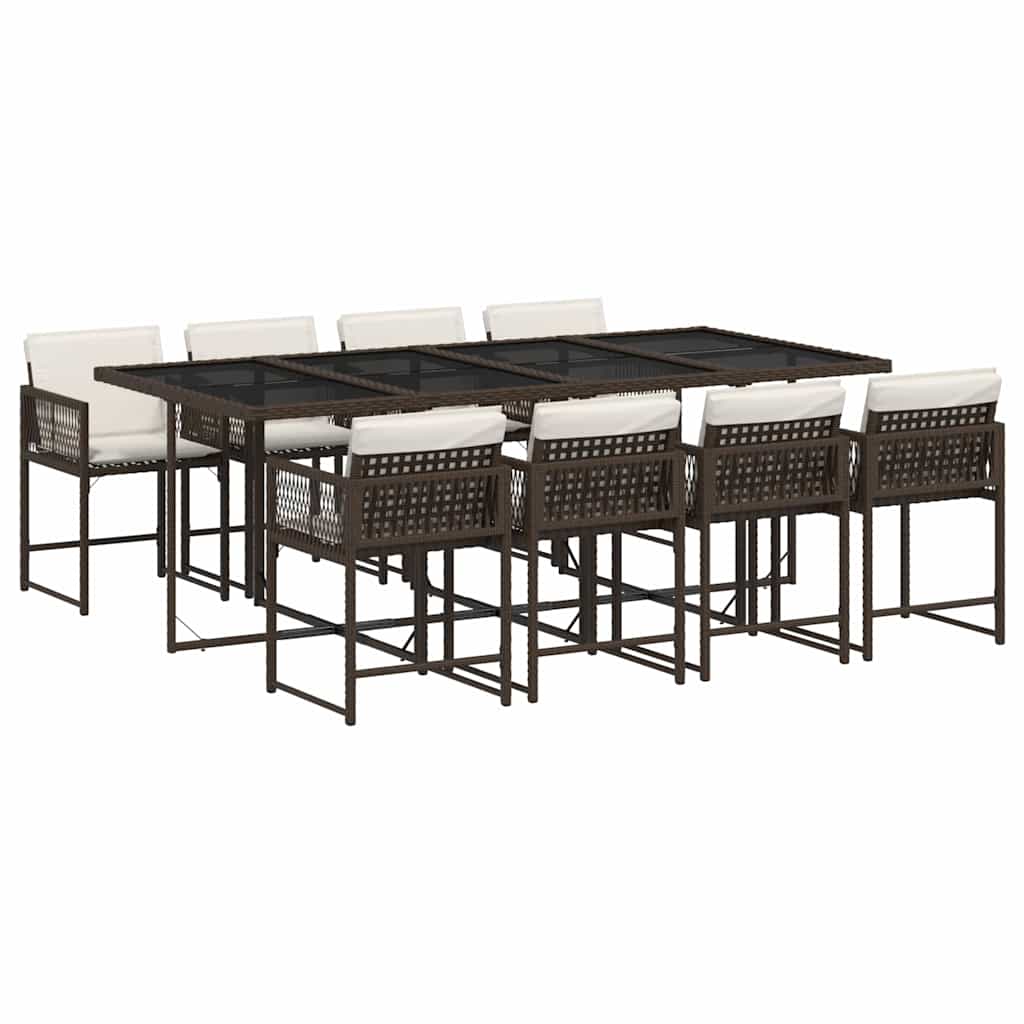 Ensemble à manger de jardin et coussins 9 pcs marron poly rotin