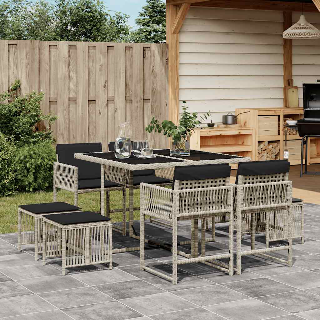 Ensemble à manger de jardin et coussins 9 pcs gris clair rotin