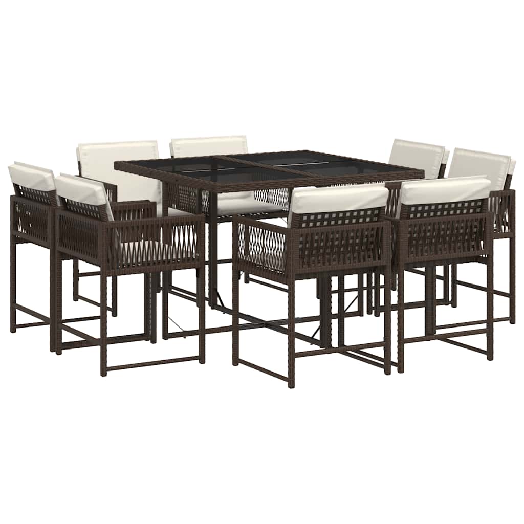Ensemble à manger de jardin et coussins 9 pcs marron poly rotin