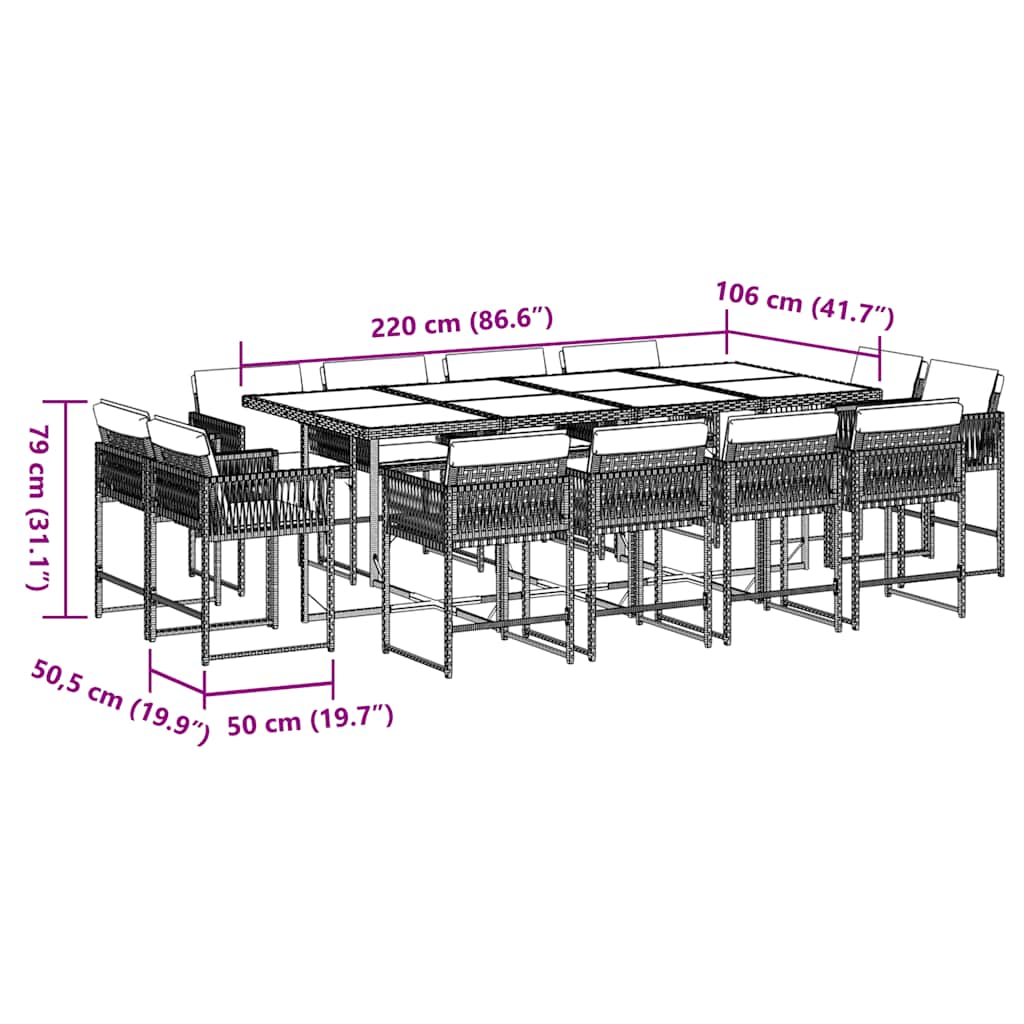 Ensemble à manger de jardin avec coussins 13 pcs marron rotin