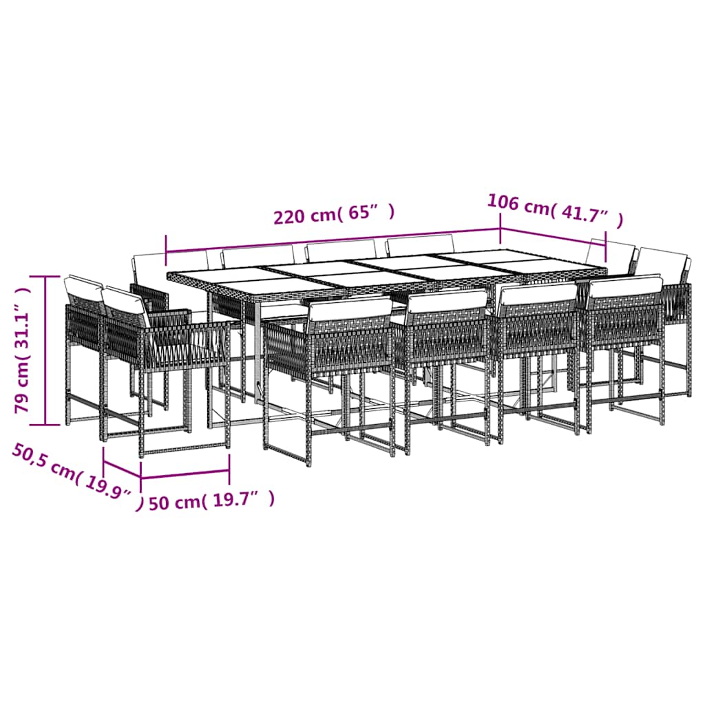 Ensemble à manger de jardin et coussins 13 pcs gris clair rotin