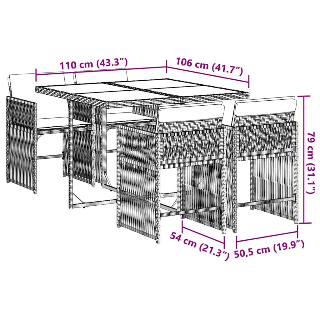 Ensemble à manger de jardin 5 pcs et coussins marron poly rotin