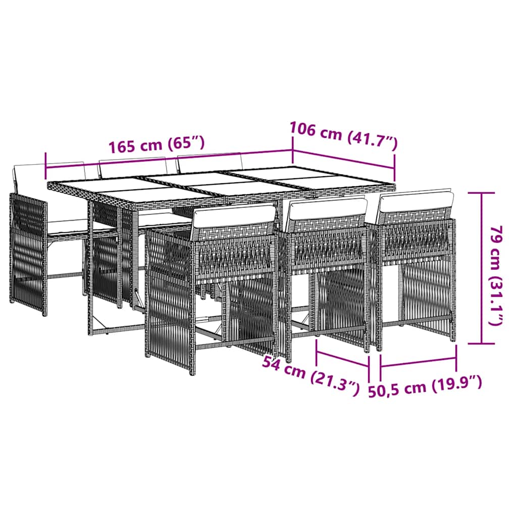 Ensemble à manger de jardin et coussins 7 pcs marron rotin