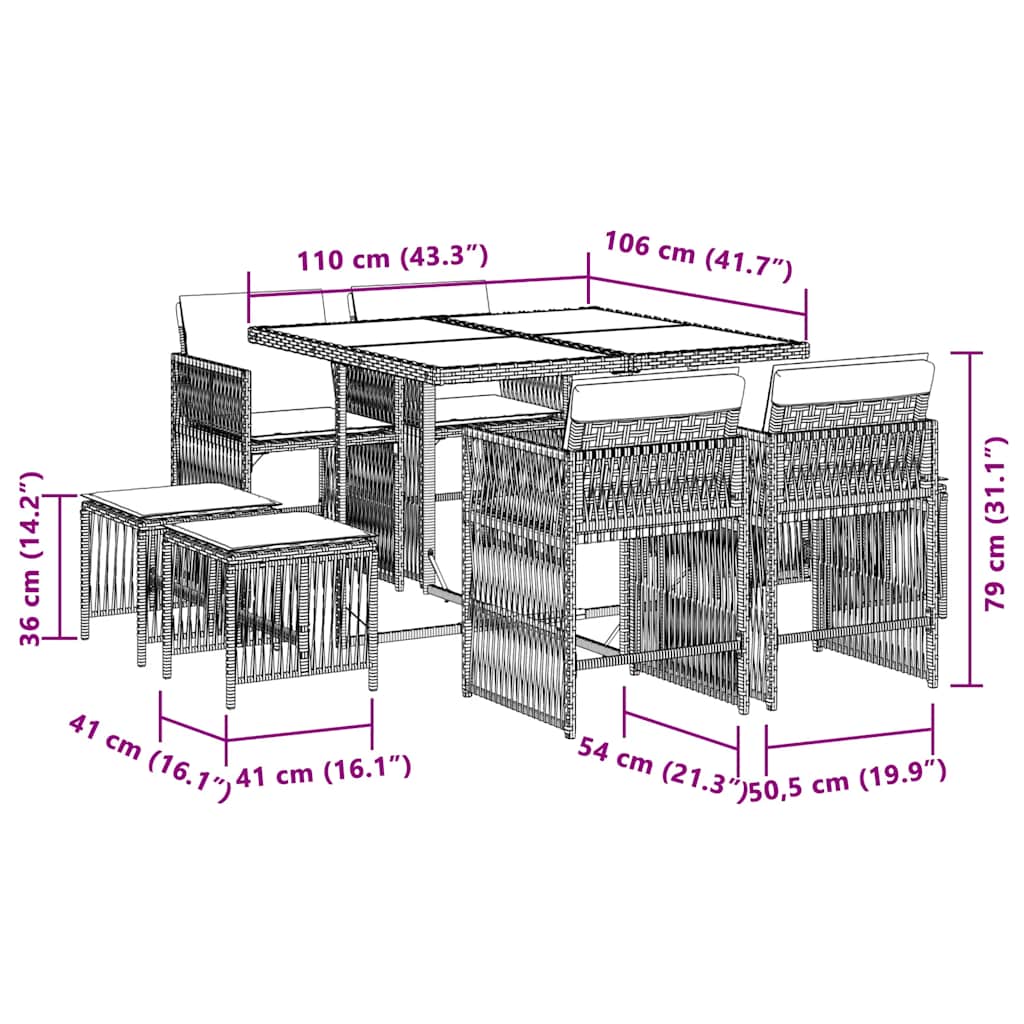 Ensemble à manger de jardin et coussins 9 pcs mélange beige