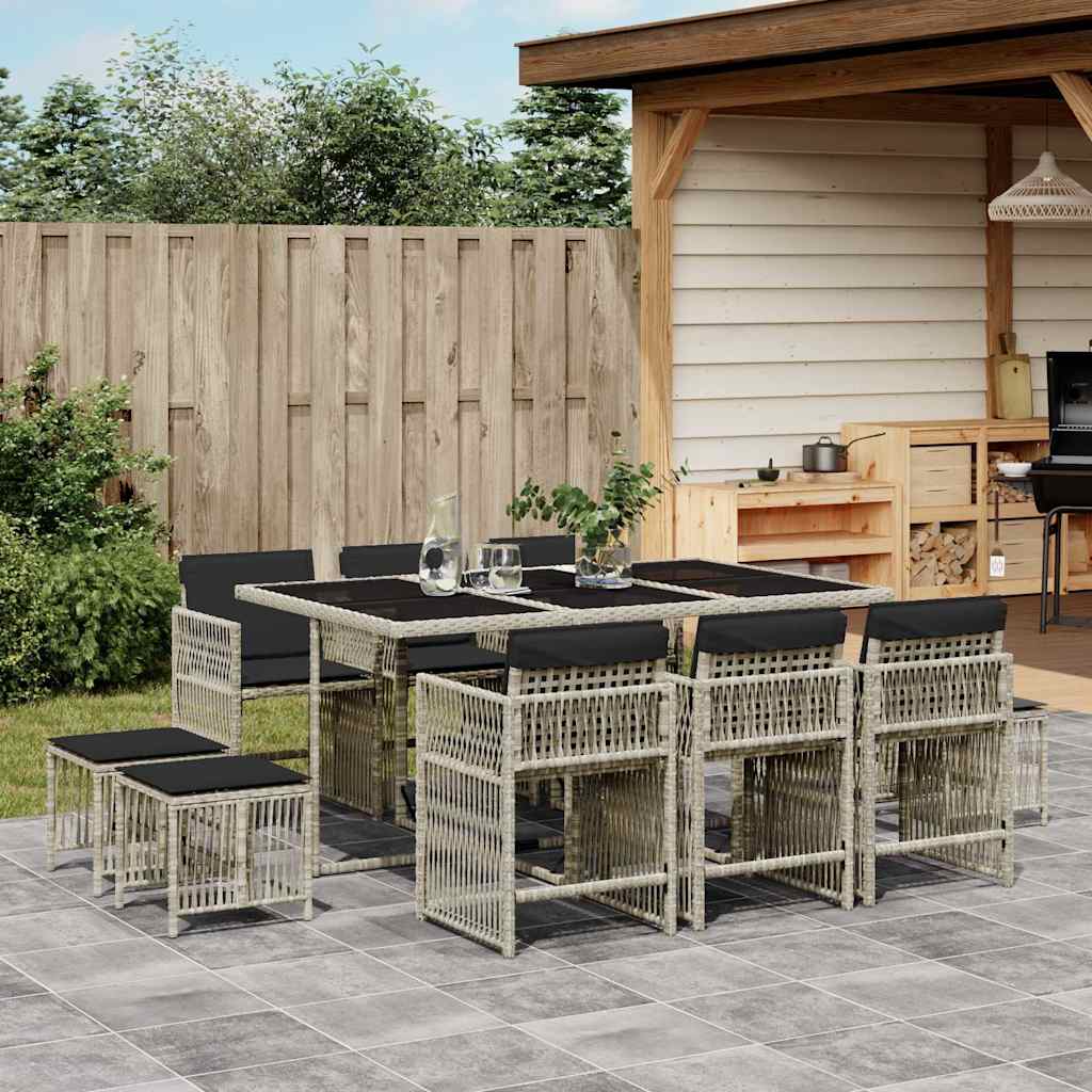 Ensemble à manger de jardin 11pcs avec coussins gris poly rotin