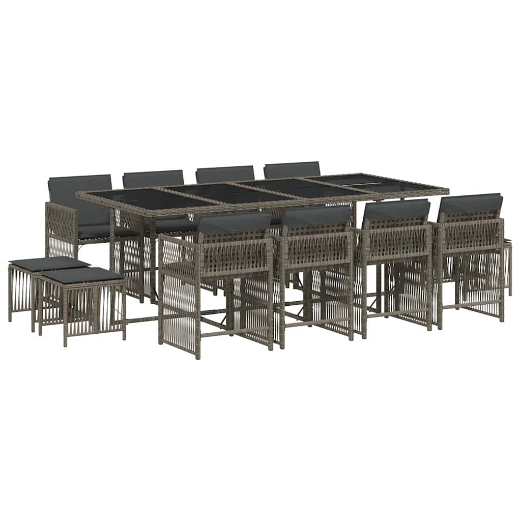 Ensemble à manger de jardin coussins 13 pcs gris résine tressée