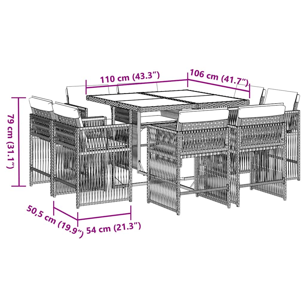 Ensemble à manger de jardin et coussins 9 pcs marron poly rotin