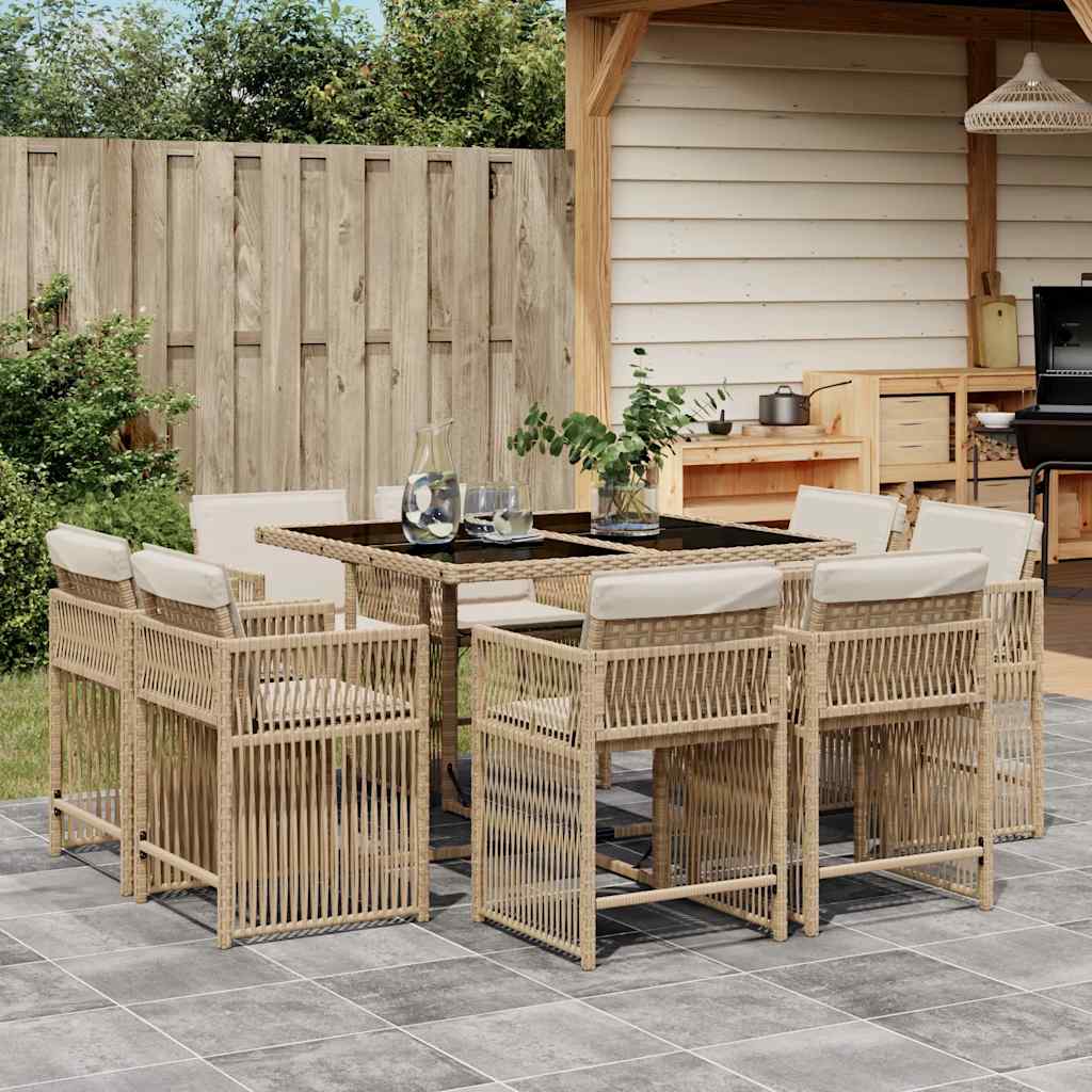 Ensemble à manger de jardin et coussins 9 pcs beige Poly rotin