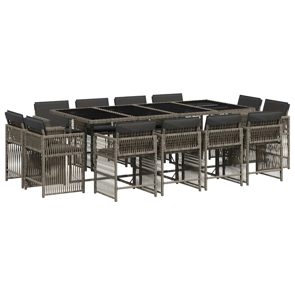 Ensemble à manger de jardin coussins 13 pcs gris résine tressée