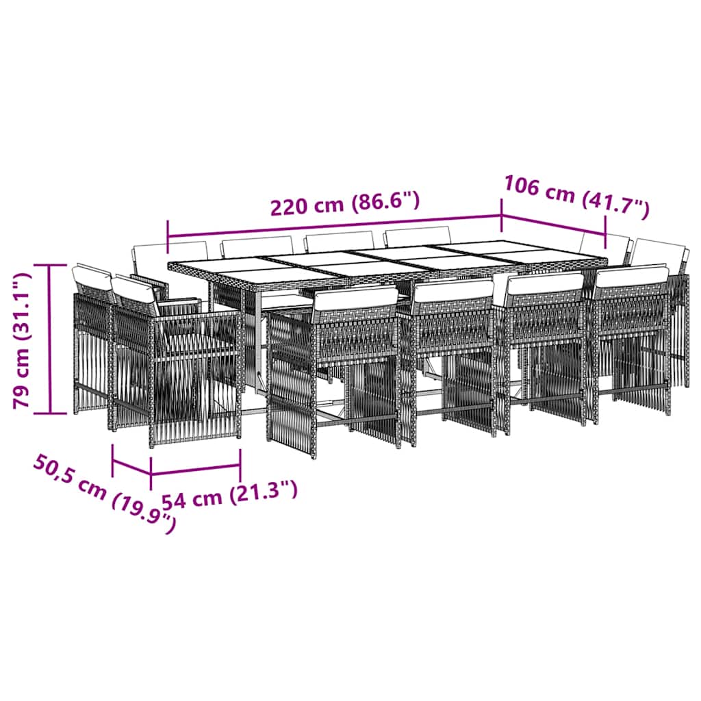 Ensemble à manger de jardin coussins 13 pcs gris résine tressée