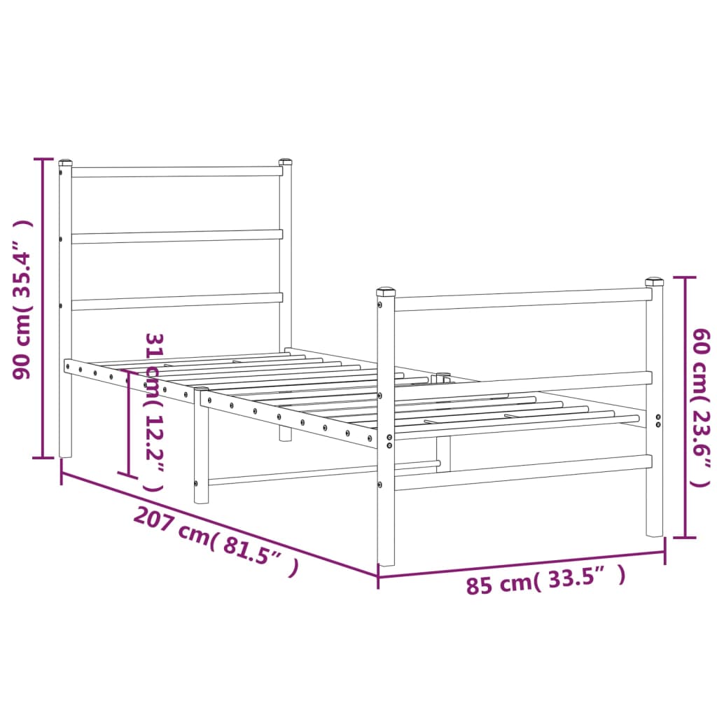 Cadre de lit métal sans matelas avec pied de lit blanc 80x200cm - XIOS