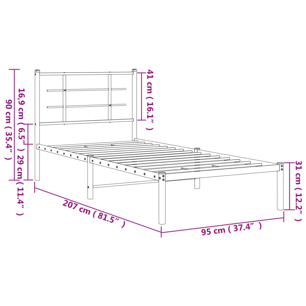 Cadre de lit métal sans matelas avec tête de lit noir 90x200 cm - XIOS