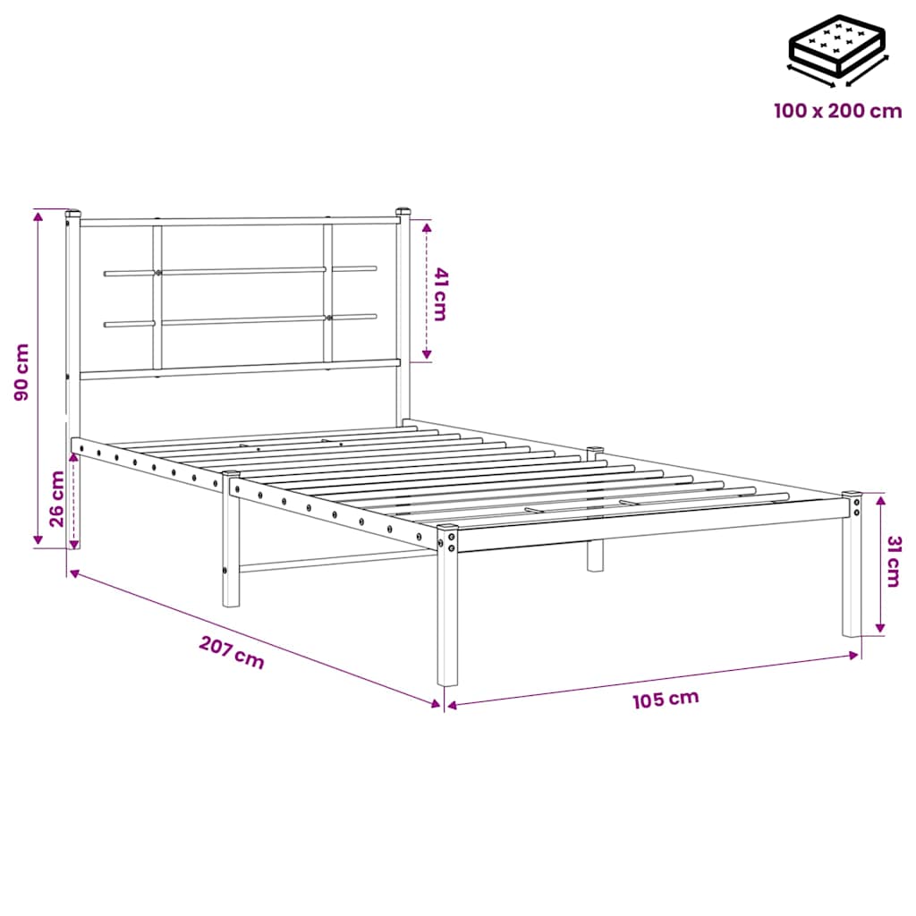 Cadre de lit métal sans matelas avec tête de lit noir 100x200cm - XIOS