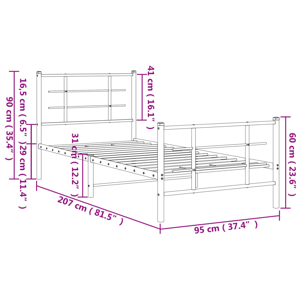 Cadre de lit métal sans matelas avec pied de lit noir 90x200 cm - XIOS