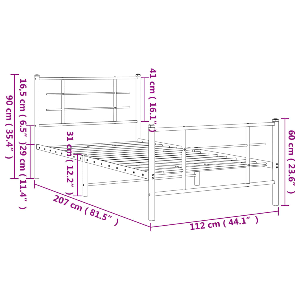 Cadre de lit métal sans matelas avec pied de lit noir 107x203cm - XIOS